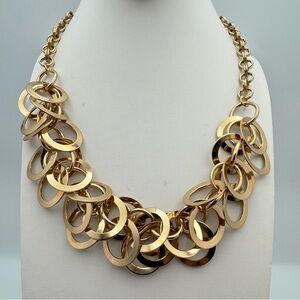 Gold Tone Multi Ring Statement Necklace Adjustable Chunky Link Collar